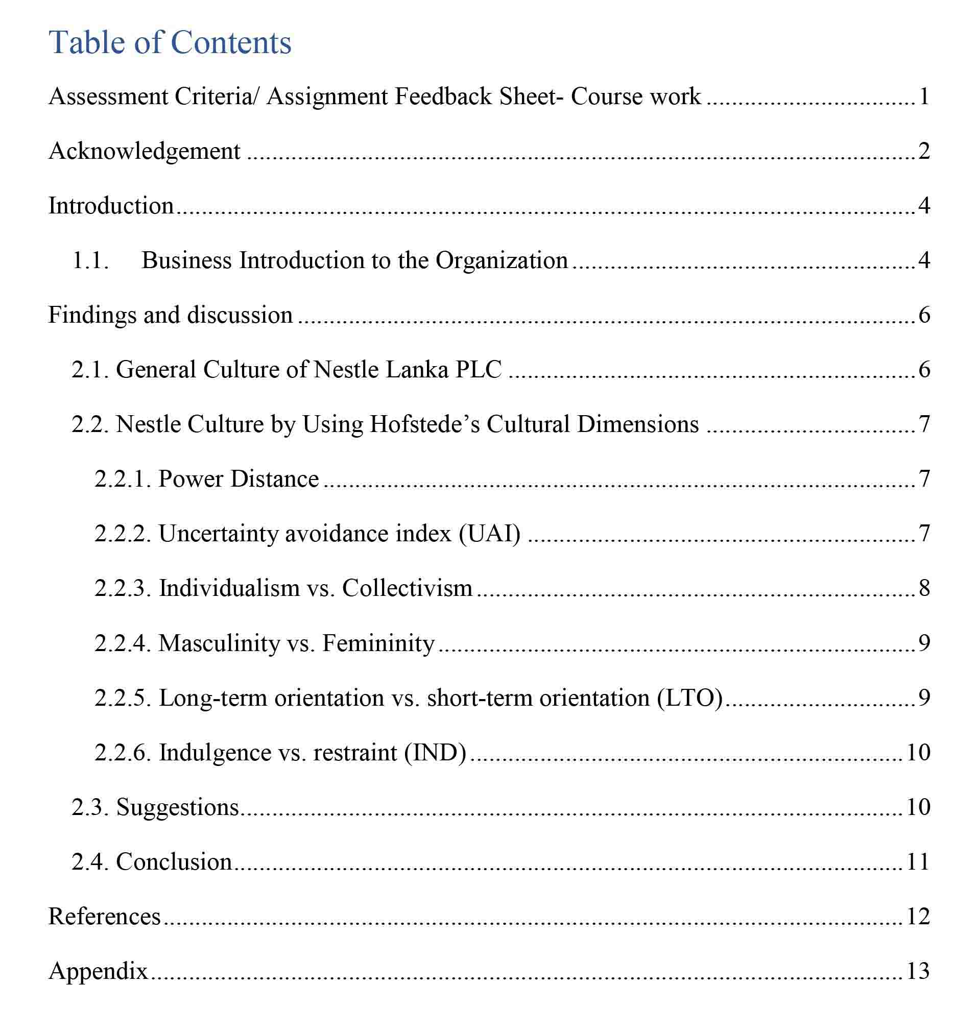 sample table of content of a research report
