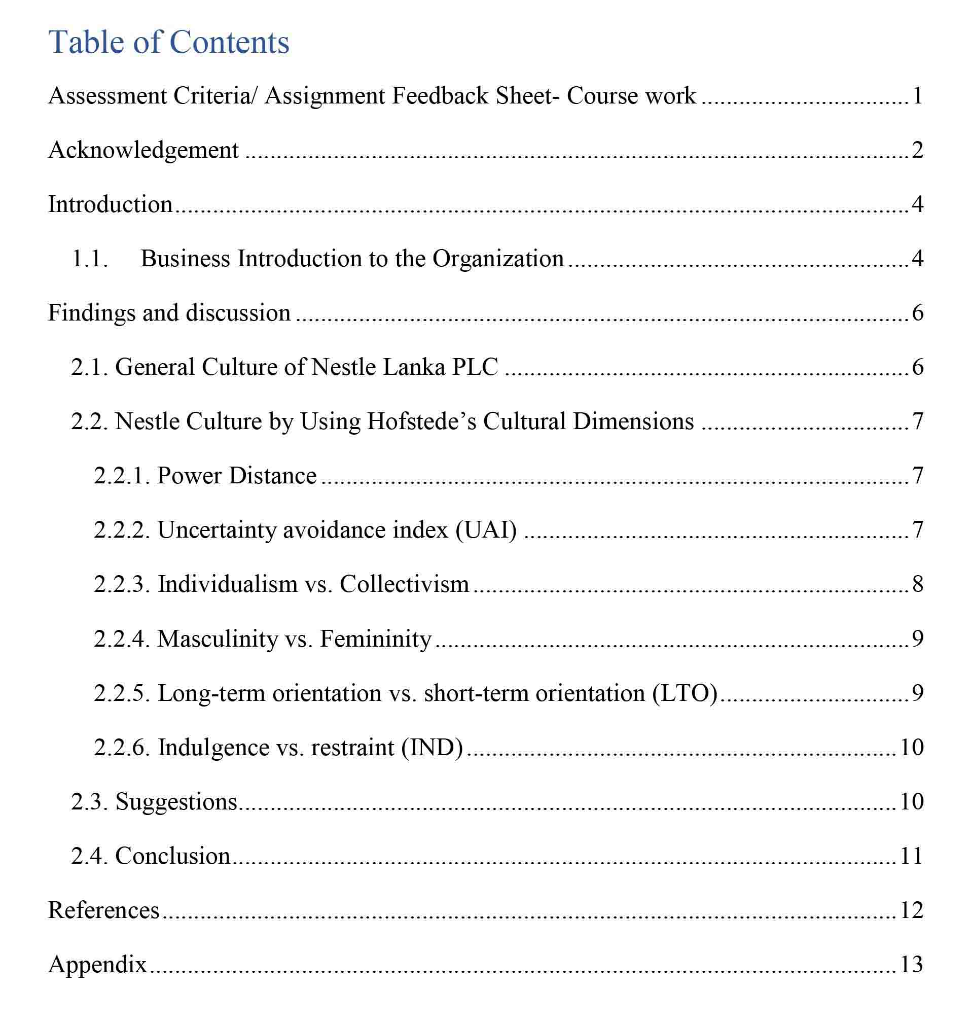 various contents of a research report